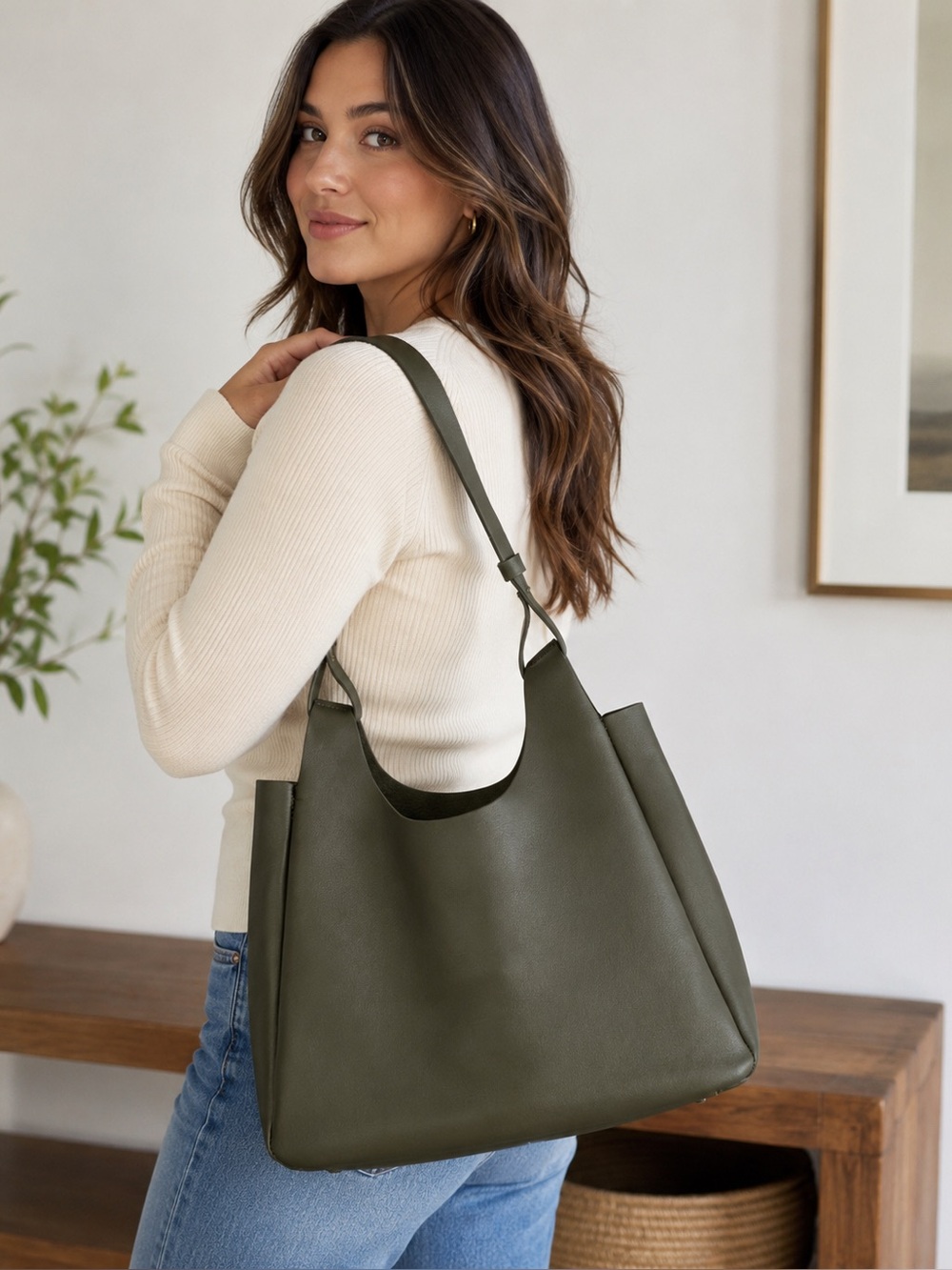 Neiman Marcus Olive Green Shoulder Tote Bag | Minimalist Slouch Hobo Purse